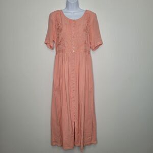 Vintage 90s peach pink embroidery modest tie back maxi dress size medium